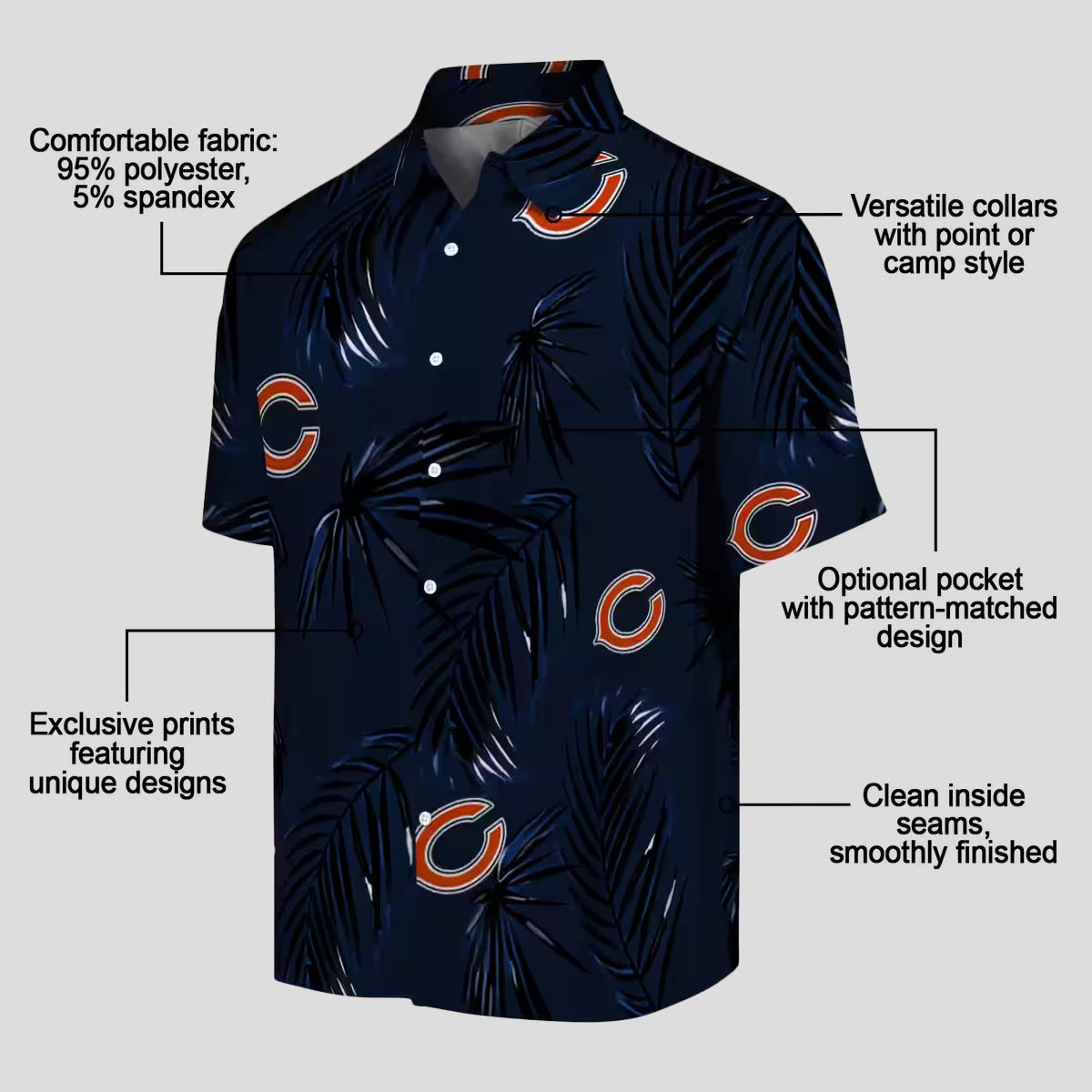 Tropical Chicago Bears Button Up Hawaiian Shirt, Palm Leaf Blue Aloha Shirt