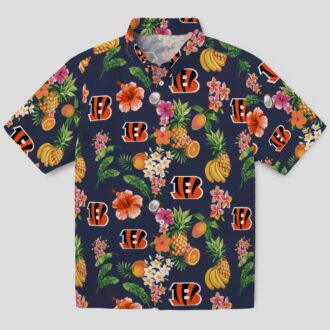 Cincinnati Bengals Hibiscus And Fruit Hawaiian Shirt, Navy Blue Tailgate Apparel