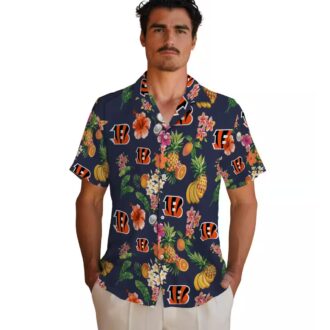 Cincinnati Bengals Hibiscus And Fruit Hawaiian Shirt, Navy Blue Tailgate Apparel