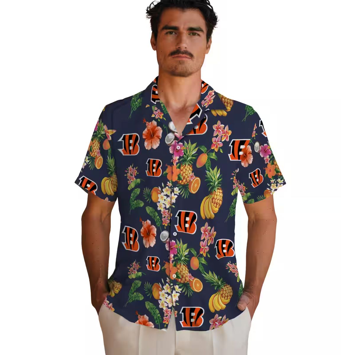 Cincinnati Bengals Hibiscus And Fruit Hawaiian Shirt, Navy Blue Tailgate Apparel