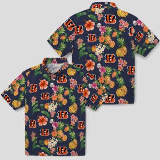 Cincinnati Bengals Hibiscus And Fruit Hawaiian Shirt, Navy Blue Tailgate Apparel