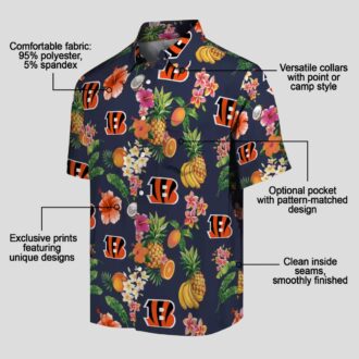 Cincinnati Bengals Hibiscus And Fruit Hawaiian Shirt, Navy Blue Tailgate Apparel