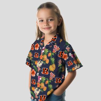 Cincinnati Bengals Hibiscus And Fruit Hawaiian Shirt, Navy Blue Tailgate Apparel