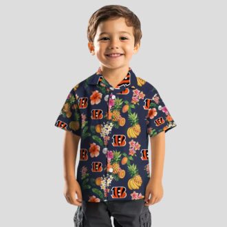 Cincinnati Bengals Hibiscus And Fruit Hawaiian Shirt, Navy Blue Tailgate Apparel