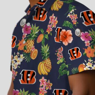 Cincinnati Bengals Hibiscus And Fruit Hawaiian Shirt, Navy Blue Tailgate Apparel
