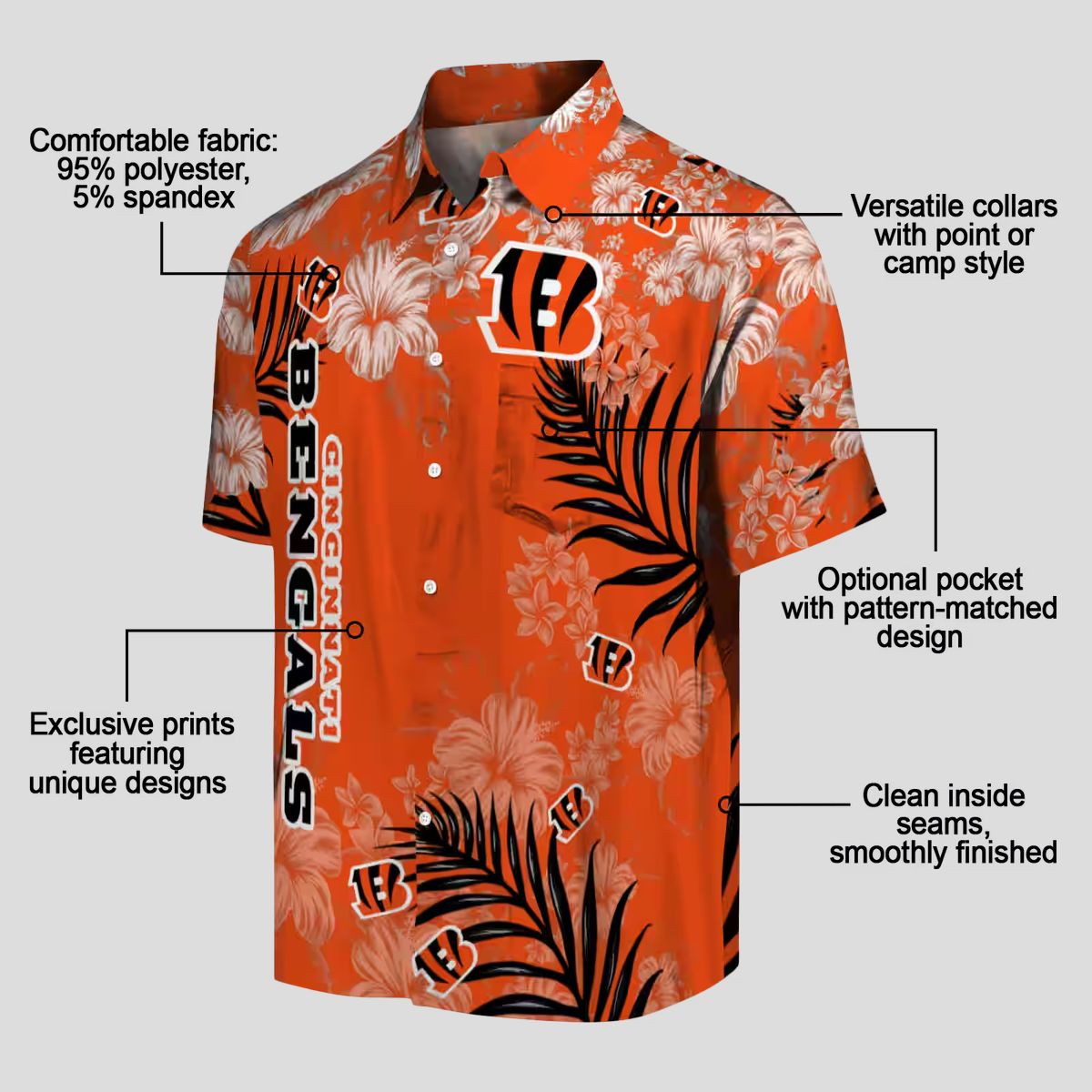 Cincinnati Bengals Hibiscus Print Hawaiian Shirt, NFL Football Team Orange Aloha Shirt
