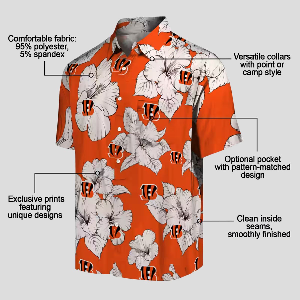 Cincinnati Bengals Luau Party Hawaiian Shirt - Hibiscus Blooms Orange White Button Up