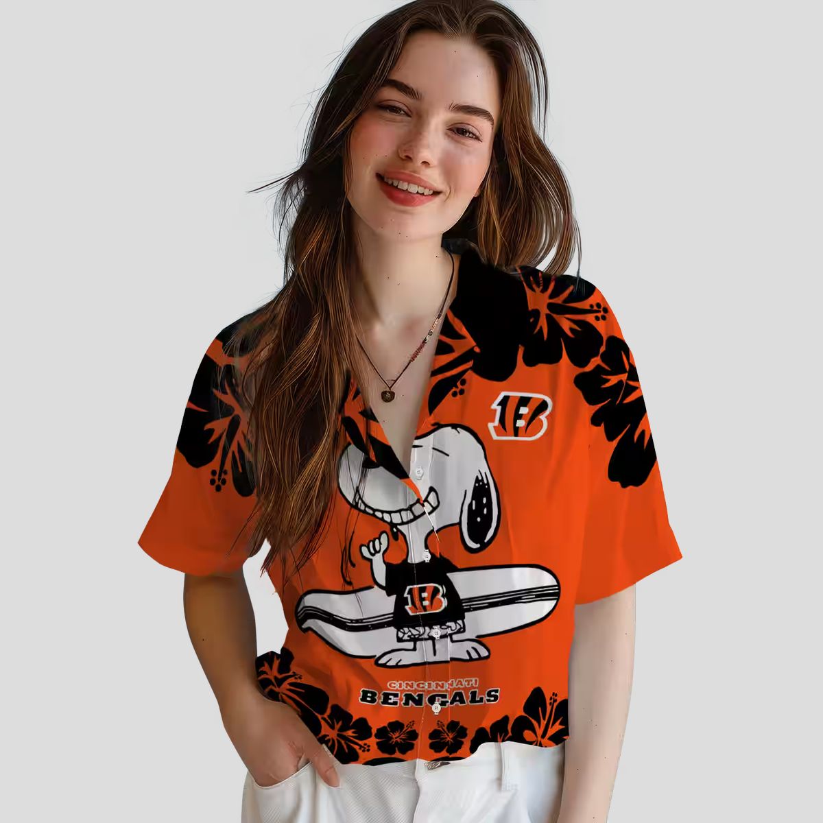 Cincinnati Bengals Snoopy Surf Hawaiian Shirt – Orange White NFL Aloha Button Up Shirt