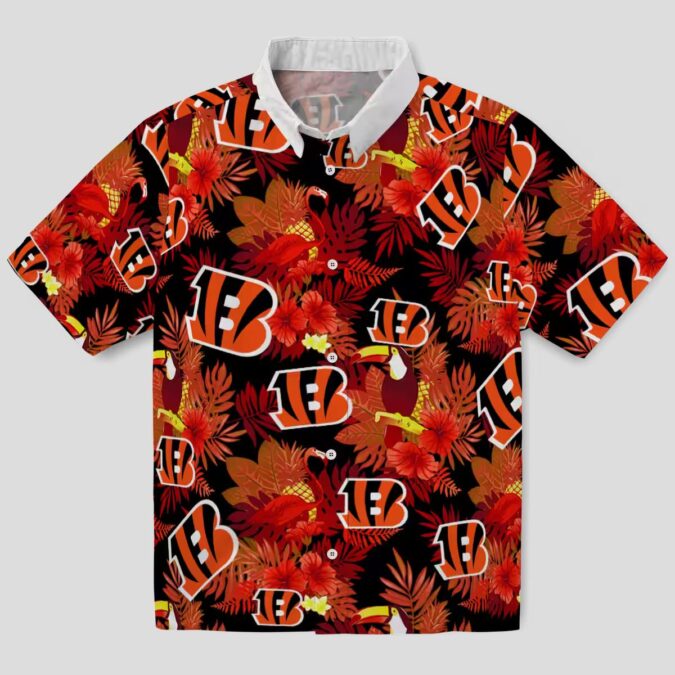 Cincinnati Bengals Summer Beach Game Day Hawaiian Shirt - Floral Toucan Orange Red Print