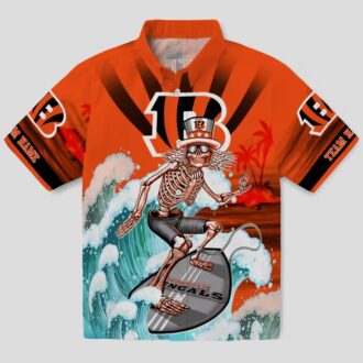 Cincinnati Bengals Surfing Skeleton Hawaiian Shirt – Orange Blue Tropical Palm Theme