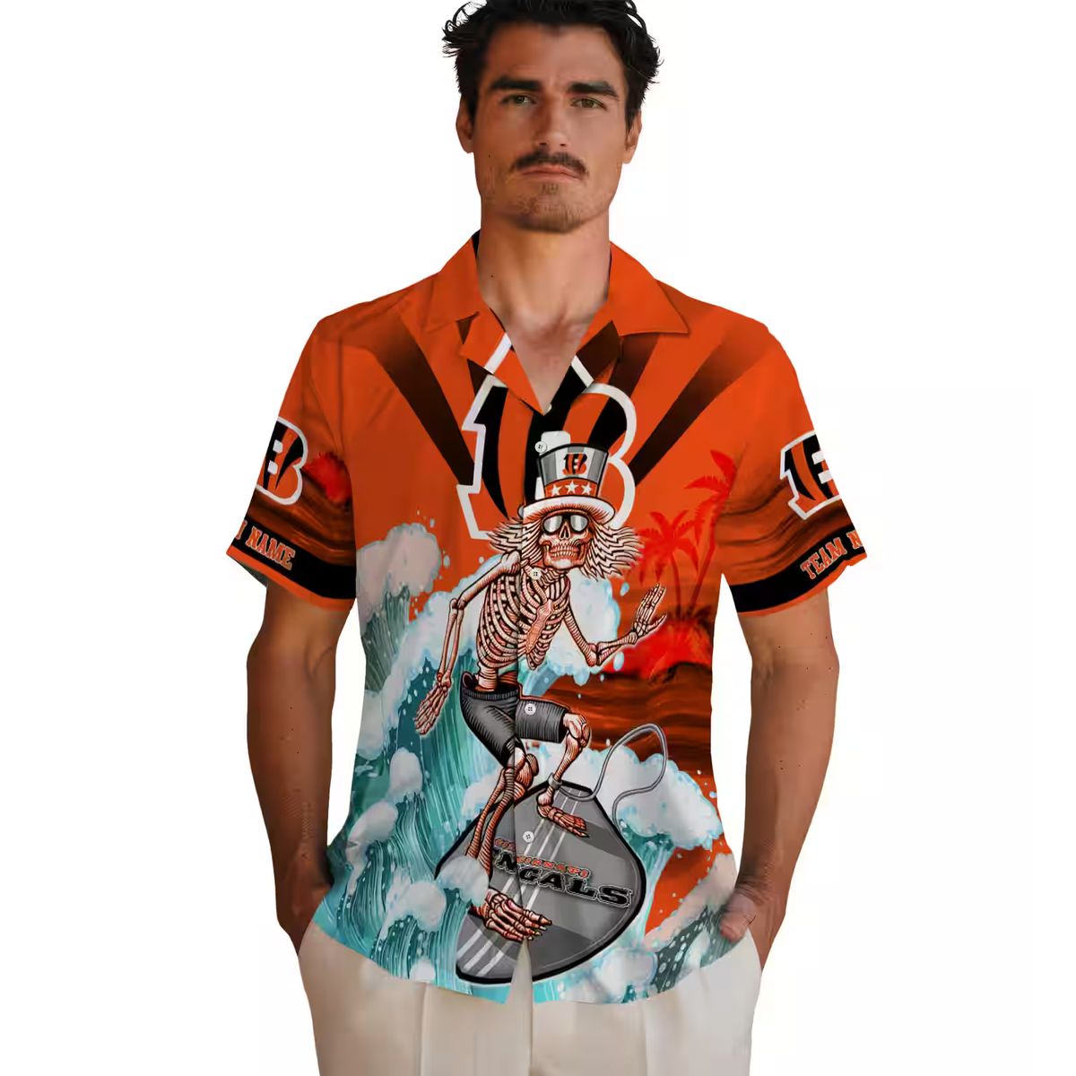 Cincinnati Bengals Surfing Skeleton Hawaiian Shirt – Orange Blue Tropical Palm Theme