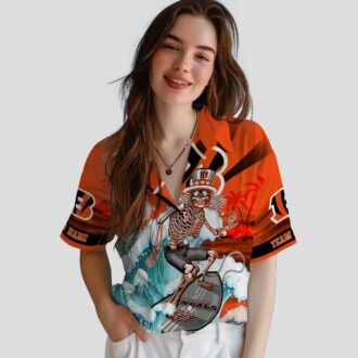 Cincinnati Bengals Surfing Skeleton Hawaiian Shirt – Orange Blue Tropical Palm Theme