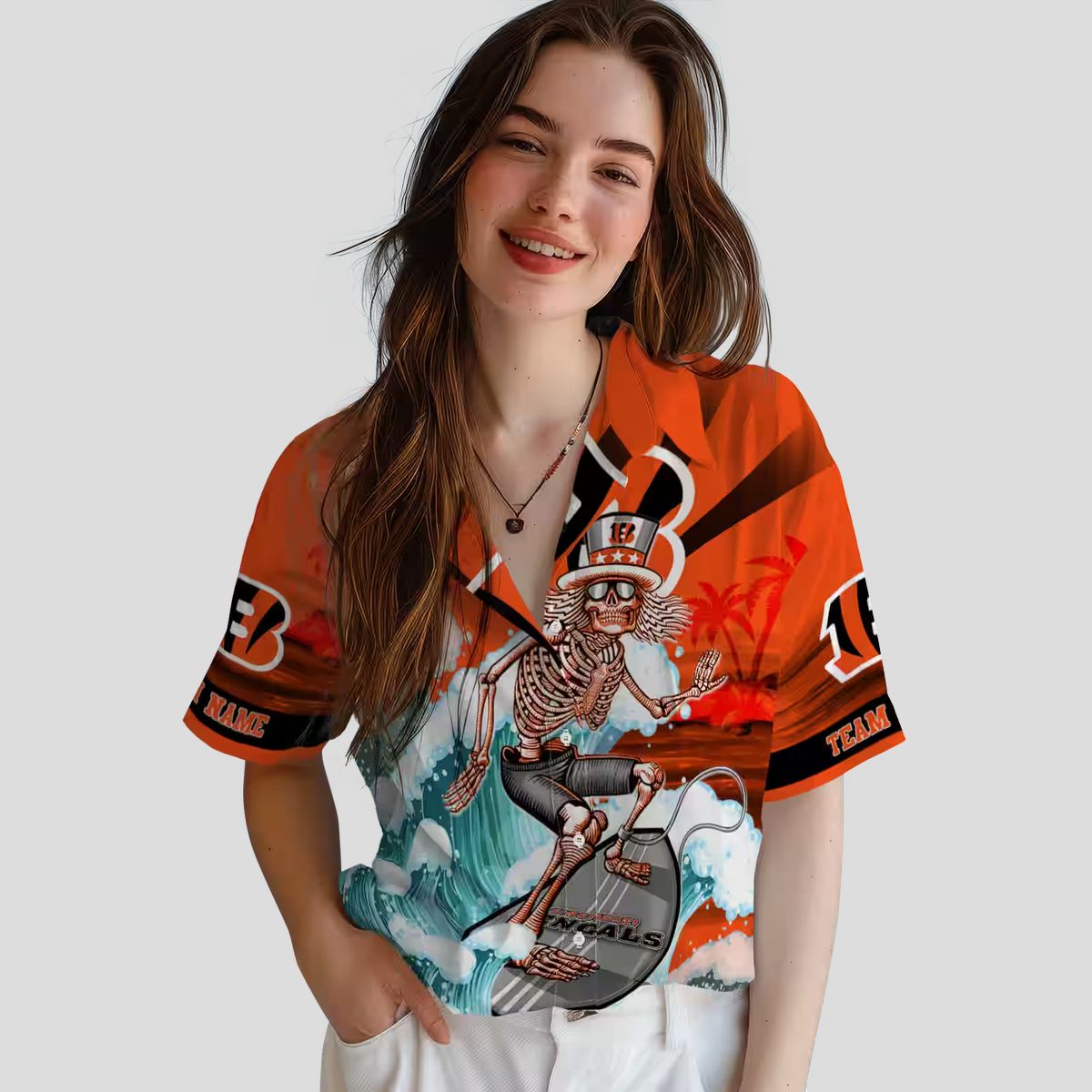 Cincinnati Bengals Surfing Skeleton Hawaiian Shirt – Orange Blue Tropical Palm Theme