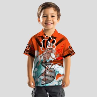 Cincinnati Bengals Surfing Skeleton Hawaiian Shirt – Orange Blue Tropical Palm Theme
