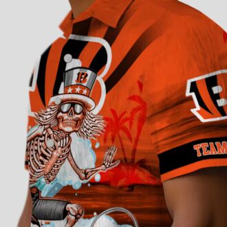 Cincinnati Bengals Surfing Skeleton Hawaiian Shirt – Orange Blue Tropical Palm Theme