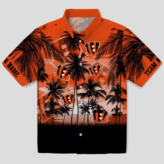 Custom Cincinnati Bengals Orange Black Hawaiian Shirt, Sunset Scene Tropical Summer Shirt