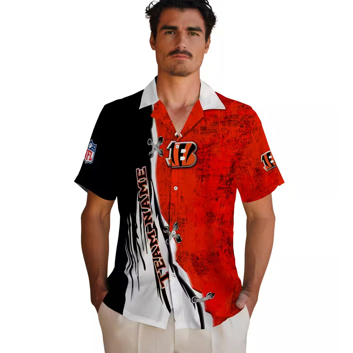 Custom NFL Cincinnati Bengals Hawaiian Shirt – Edgy Streaks Orange White Aloha Print