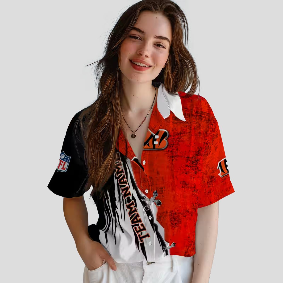 Custom NFL Cincinnati Bengals Hawaiian Shirt – Edgy Streaks Orange White Aloha Print