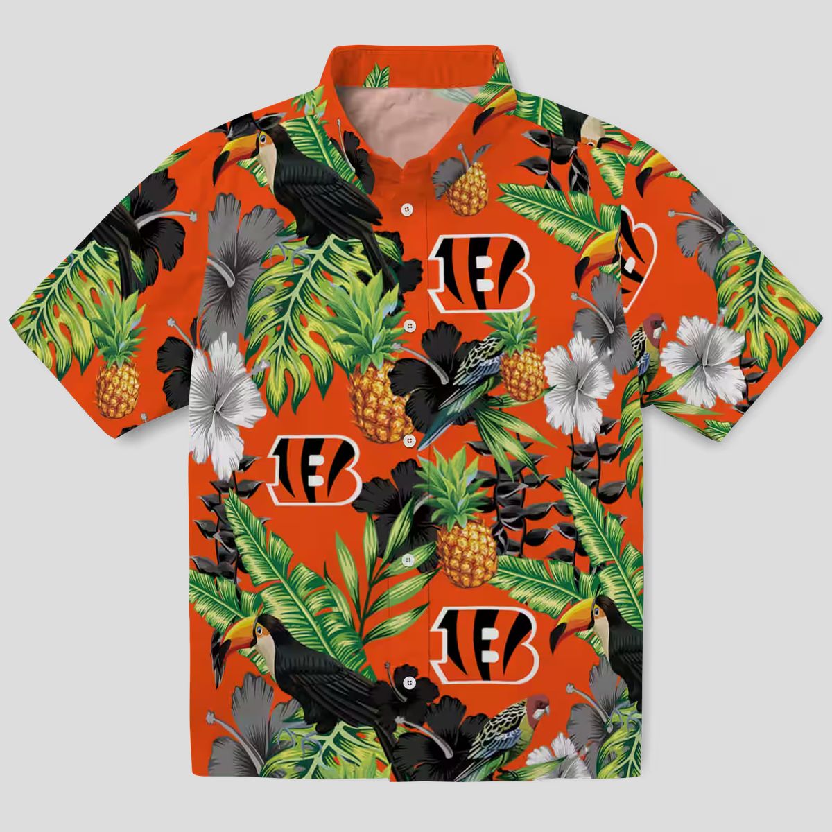 Football Fans Bengals Toucan Hibiscus Pineapple Aloha Shirt, Orange Green Hawaiian Outfit