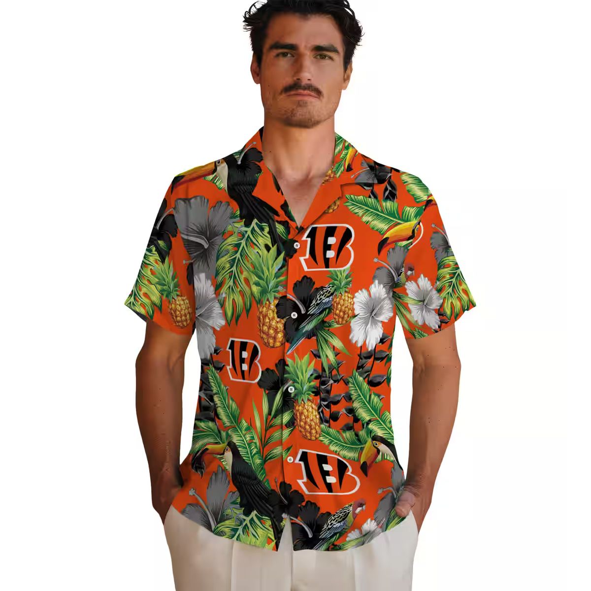 Football Fans Bengals Toucan Hibiscus Pineapple Aloha Shirt, Orange Green Hawaiian Outfit