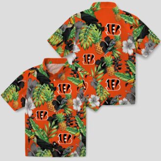 Football Fans Bengals Toucan Hibiscus Pineapple Aloha Shirt, Orange Green Hawaiian Outfit