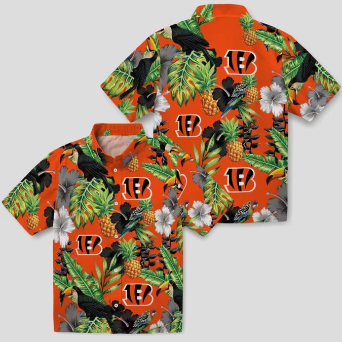 Football Fans Bengals Toucan Hibiscus Pineapple Aloha Shirt, Orange Green Hawaiian Outfit