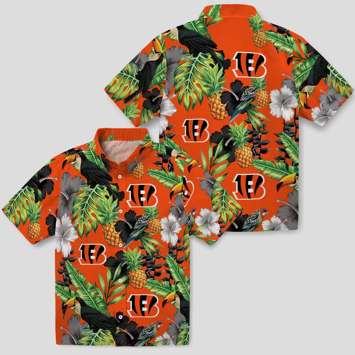 Football Fans Bengals Toucan Hibiscus Pineapple Aloha Shirt, Orange Green Hawaiian Outfit