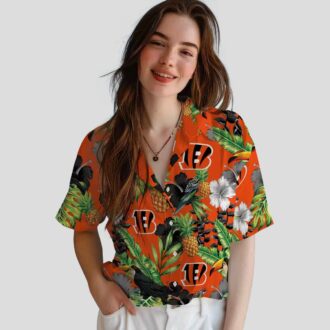 Football Fans Bengals Toucan Hibiscus Pineapple Aloha Shirt, Orange Green Hawaiian Outfit