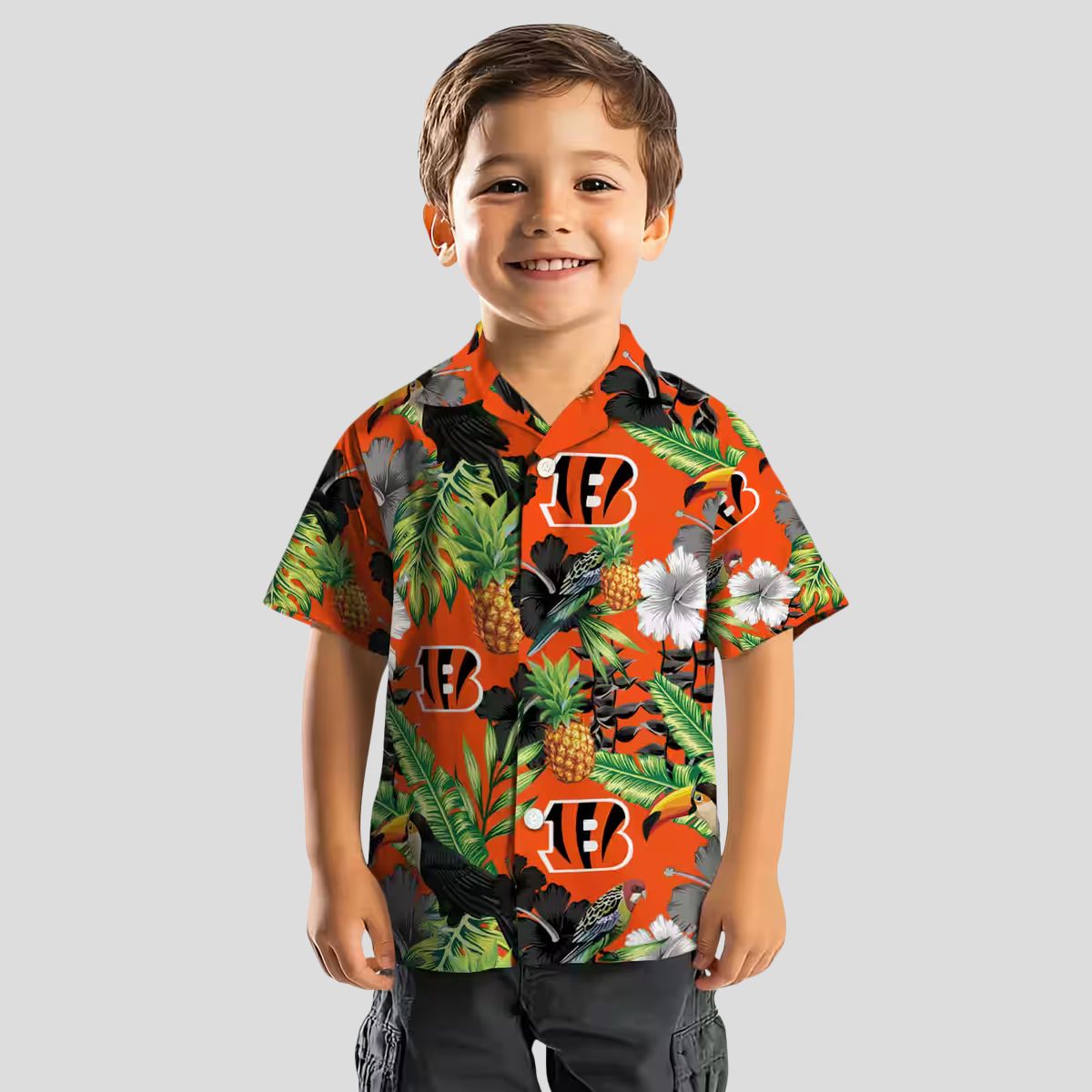 Football Fans Bengals Toucan Hibiscus Pineapple Aloha Shirt, Orange Green Hawaiian Outfit