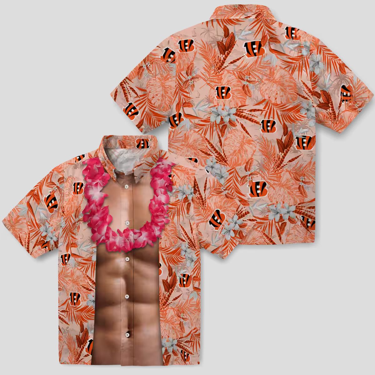 Men's Funny Cincinnati Bengals Hawaiian Shirt – Chest Illusion Orange Aloha Palm Print
