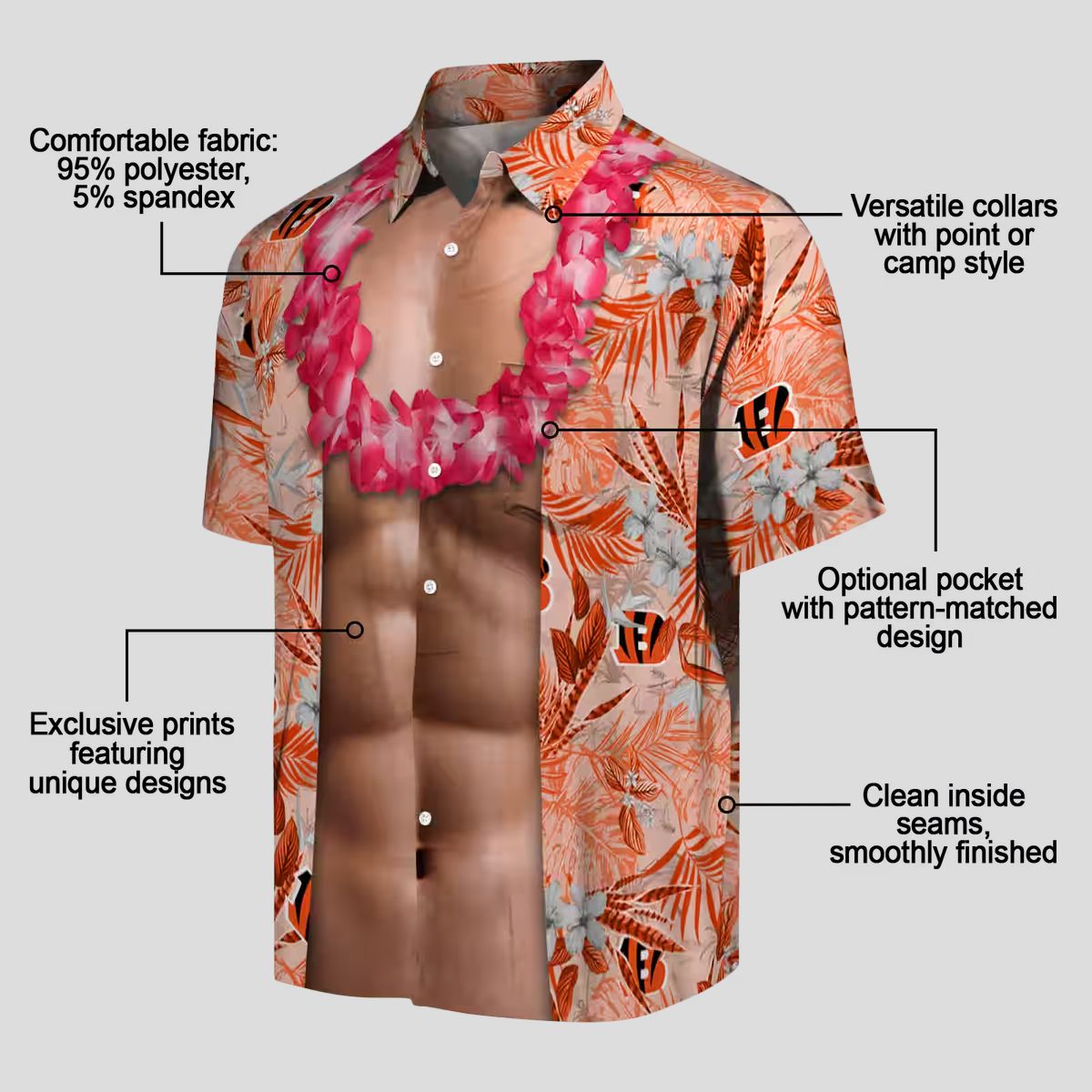 Men's Funny Cincinnati Bengals Hawaiian Shirt – Chest Illusion Orange Aloha Palm Print