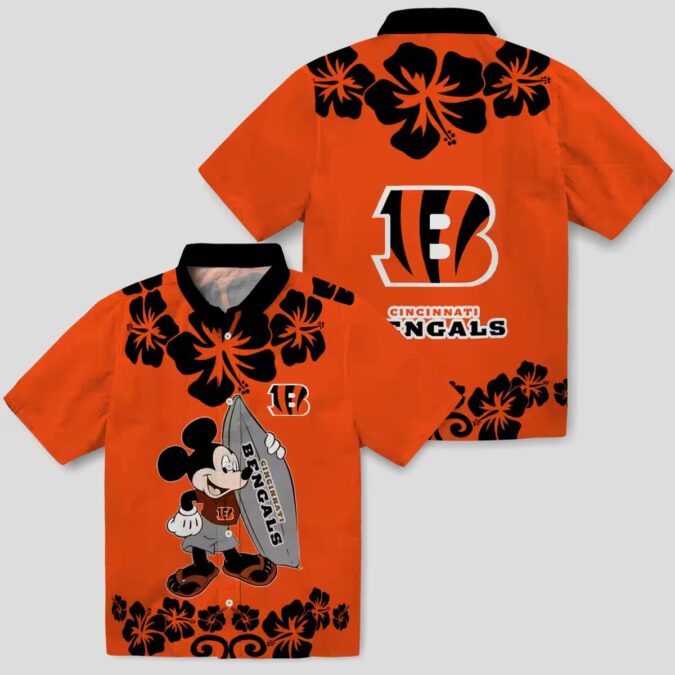 Orange Cincinnati Bengals Surfing Mickey Hawaiian Shirt - NFL Aloha Tropical Beachwear