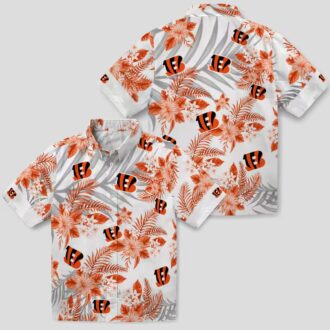 Women's Cincinnati Bengals Hawaiian Shirt - Hibiscus Palm Orange White Tailgate Wear
