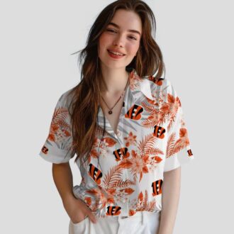 Women's Cincinnati Bengals Hawaiian Shirt - Hibiscus Palm Orange White Tailgate Wear