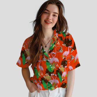 Cleveland Browns Flamingo Hawaiian Shirt, Green Brown Foliage Beach Outfit