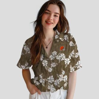 Cleveland Browns Floral Hawaiian Shirt for Fans, Hibiscus Clusters Brown Button Up