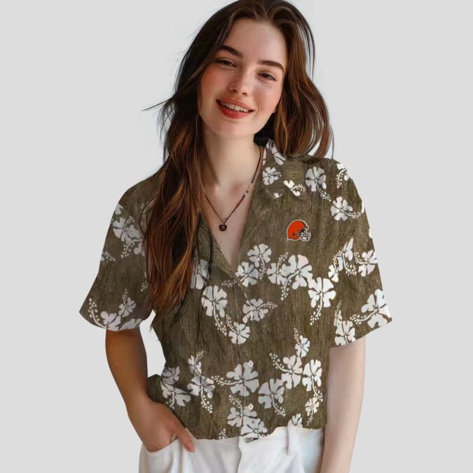 Cleveland Browns Floral Hawaiian Shirt for Fans, Hibiscus Clusters Brown Button Up