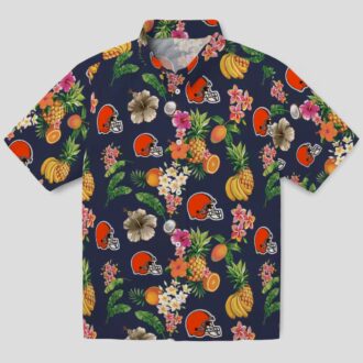 Cleveland Browns Floral Hawaiian Shirt, Navy Blue Hibiscus & Fruit Summer Beachwear