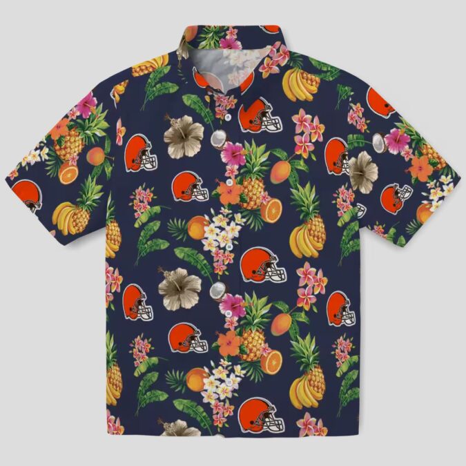 Cleveland Browns Floral Hawaiian Shirt, Navy Blue Hibiscus & Fruit Summer Beachwear