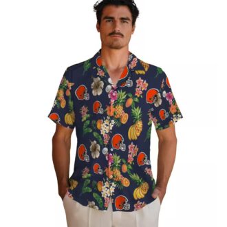 Cleveland Browns Floral Hawaiian Shirt, Navy Blue Hibiscus & Fruit Summer Beachwear