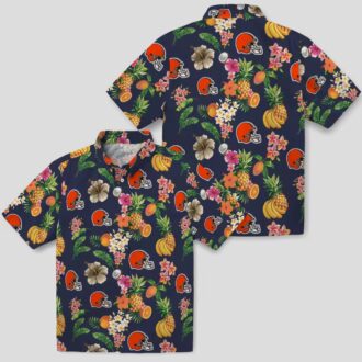 Cleveland Browns Floral Hawaiian Shirt, Navy Blue Hibiscus & Fruit Summer Beachwear