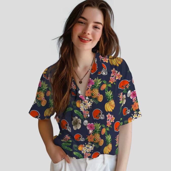 Cleveland Browns Floral Hawaiian Shirt, Navy Blue Hibiscus & Fruit Summer Beachwear