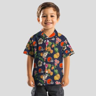 Cleveland Browns Floral Hawaiian Shirt, Navy Blue Hibiscus & Fruit Summer Beachwear