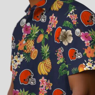 Cleveland Browns Floral Hawaiian Shirt, Navy Blue Hibiscus & Fruit Summer Beachwear