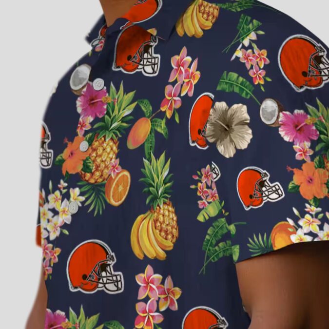 Cleveland Browns Floral Hawaiian Shirt, Navy Blue Hibiscus & Fruit Summer Beachwear