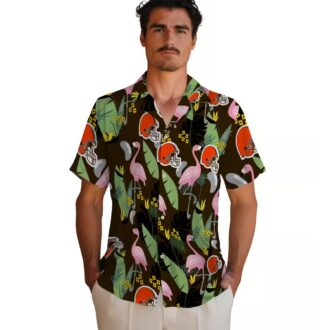 Cleveland Browns Hawaiian Shirt for NFL Fans, Flamingo Palm Leaves Brown Aloha Shirt