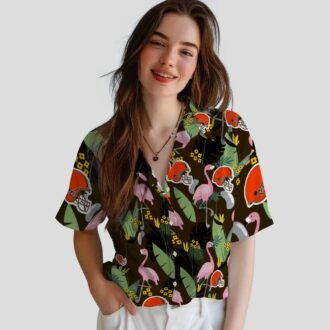 Cleveland Browns Hawaiian Shirt for NFL Fans, Flamingo Palm Leaves Brown Aloha Shirt