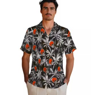 Cleveland Browns Palm Print Hawaiian Shirt, NFL Black Brown Game Day Outfit