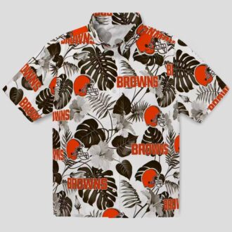 Cleveland Browns Summer Aloha Shirt, Brown White Tropical Plants Hawaiian Outfit