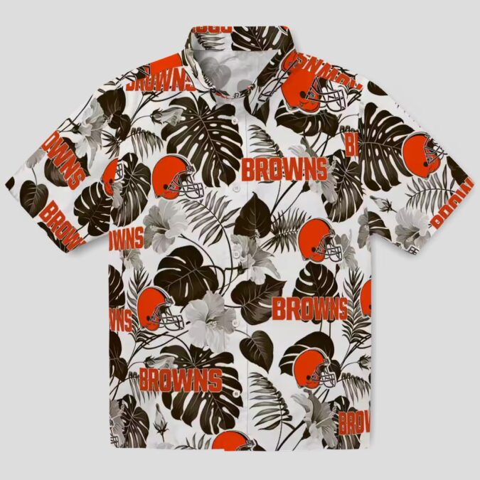 Cleveland Browns Summer Aloha Shirt, Brown White Tropical Plants Hawaiian Outfit